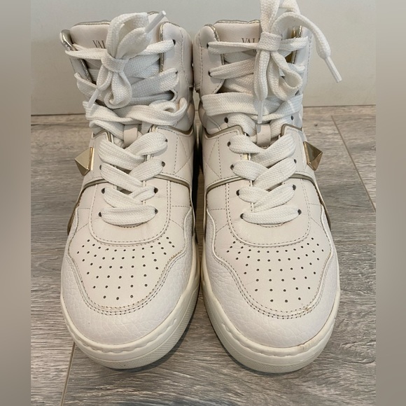 Valentino Garavani Shoes - Valentino Garavani White Leather One Stud High Top Sneakers, Sz 37 1/2